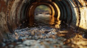 Stromend water in een schoon rioolleiding, weerspiegeling van kwaliteitsvol rioolwerk en ontstopping door professionele loodgieters.