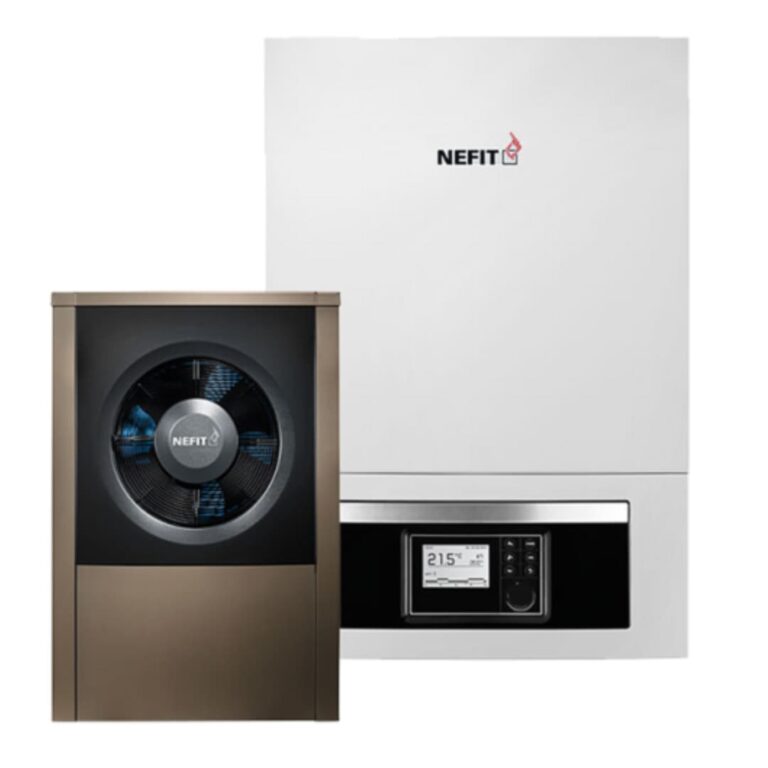 Nefit hybride warmtepomp combinatie met een robuuste buitenunit en compacte HR-ketel om direct flink te besparen op uw gaskosten.
